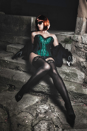Color lingerie-glamour photo of a hot redhead outdoors in Rothenburg, Germany.