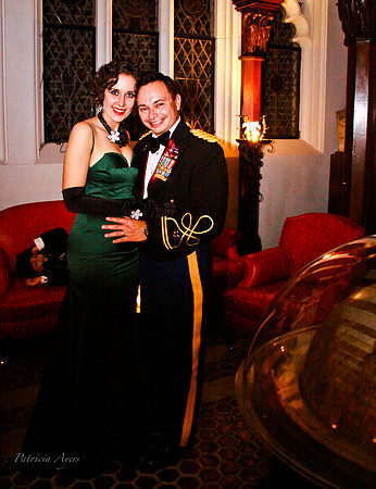 Photo of couple at the New York Explorers Club dressed in long gown and Army Blue Mess Dress.