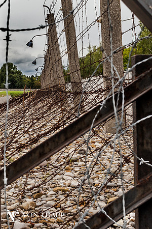 Barbed wire fence in Dachau Concentration Camp, Germany.