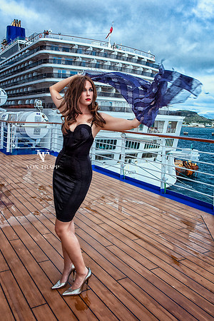 Fashion photograph of woman wearing Agent Provocateur on deck aboard a cruise ship.
