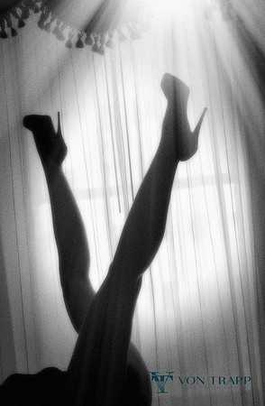 Boudoir photo of a woman's sexy legs and stilettoes in silhouette agents a window.