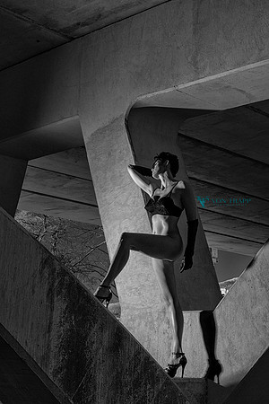 Hot and leggy woman without panties and wearing a bullet bra, posed in public under a bridge.