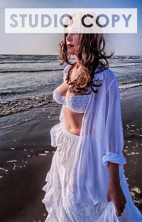 Glamour photograph of a busty woman in lingerie posed on a beach i Texas.