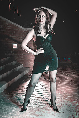 Sexy Fashion-Glamour photo of a woman in a miniskirt, bustier, fishnets and pumps.
