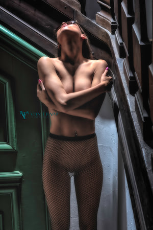 Glamour photo of a sexy woman, topless and wearing sexy fishnet tights in a stairway in Holland.