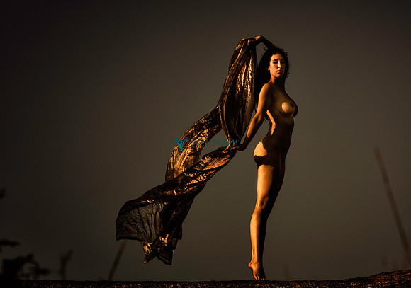 Art nude glamour photograph of a busty woman standing on a hill at sunset.