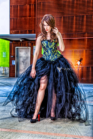 Fashion-Glamour photo of a leggy beauty in a tulle skirt and corset..