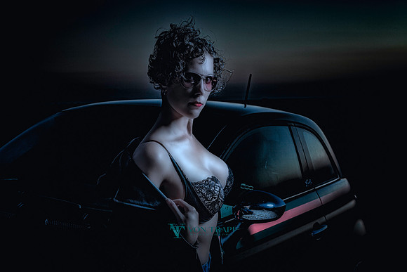 Sexy fashion-glamour photo of a woman in lingerie and leather jacket, posed along a Texas highway.